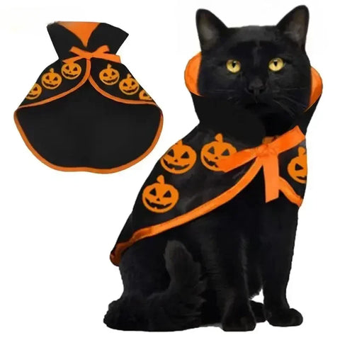 NobleKitty Halloween Cat Costume – Satin Cloak with Pumpkin Pattern & Wizard Hat