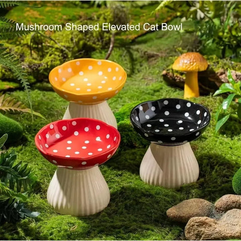NobleKitty Mushroom Ceramic Cat Bowl – Cute Elevated Feeder with Polka Dots for Cats & Small Dogs