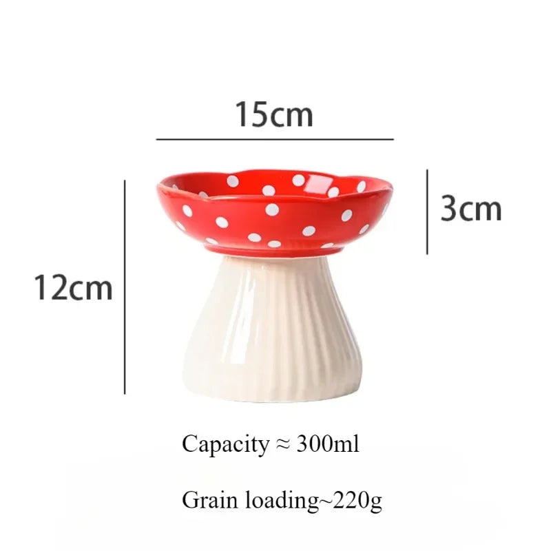 NobleKitty Mushroom Ceramic Cat Bowl – Cute Elevated Feeder with Polka Dots for Cats & Small Dogs