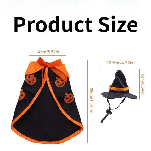 NobleKitty Halloween Cat Costume – Satin Cloak with Pumpkin Pattern & Wizard Hat