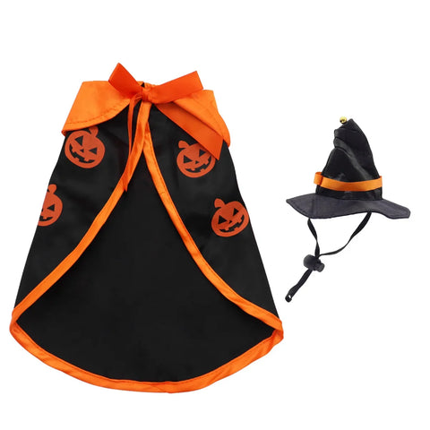 NobleKitty Halloween Cat Costume – Satin Cloak with Pumpkin Pattern & Wizard Hat