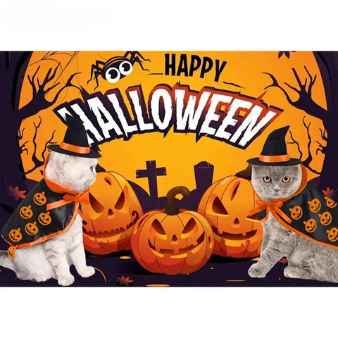 NobleKitty Halloween Cat Costume – Satin Cloak with Pumpkin Pattern & Wizard Hat